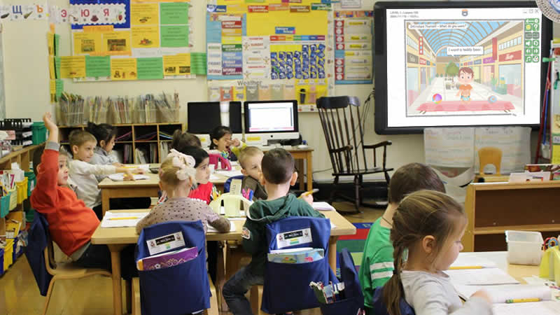 S.M.A.R.T. ESL branding integrated into a modern classroom setting