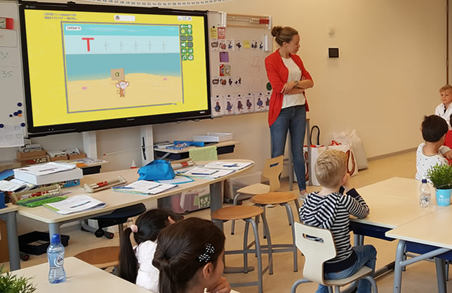 Smartboard ESL application in use by students during an interactive lesson