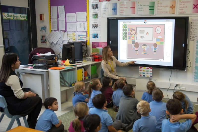 Modern classroom with S.M.A.R.T. ESL product enhancing digital learning experiences